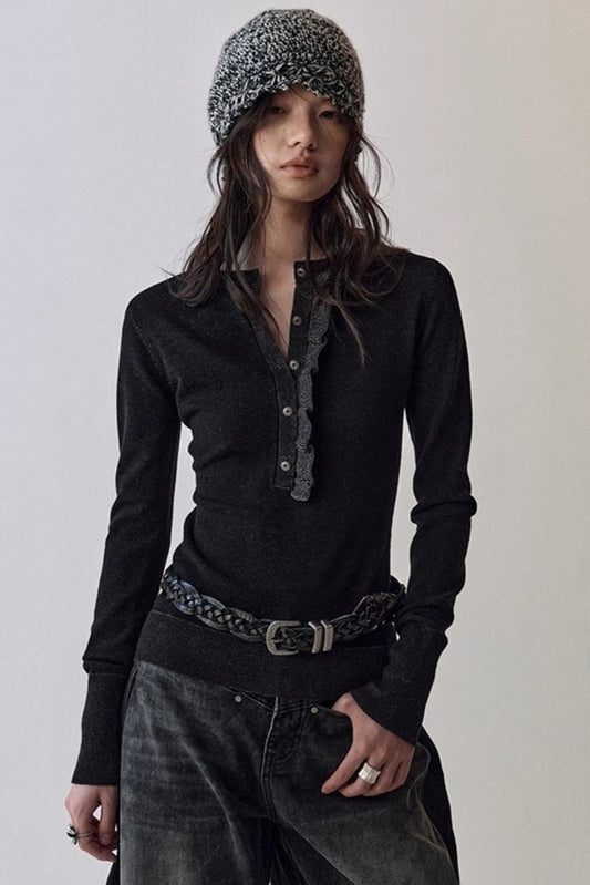 One-Sided Ruffled Crew Neck Knit Top