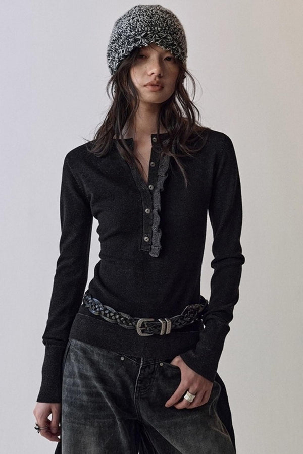 One-Sided Ruffled Crew Neck Knit Top