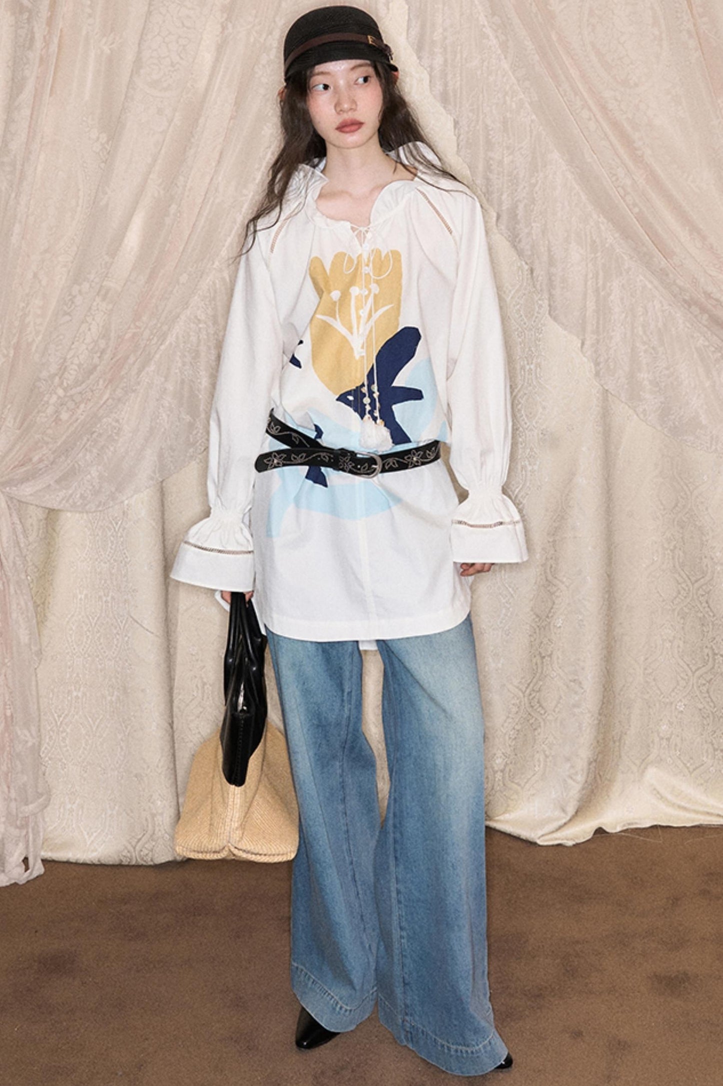 Tulip Bird Print Wood Ear Collar Long Top