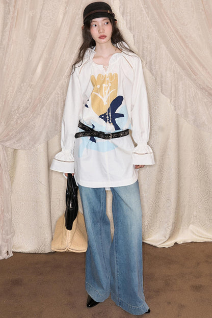 Tulip Bird Print Wood Ear Collar Long Top