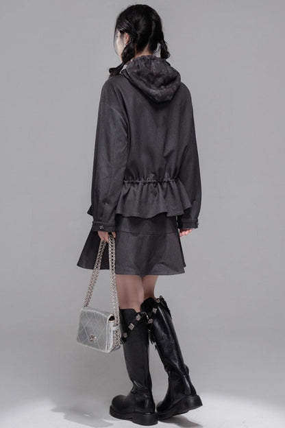 Morning Gray Patchwork Hooded Jacket Set