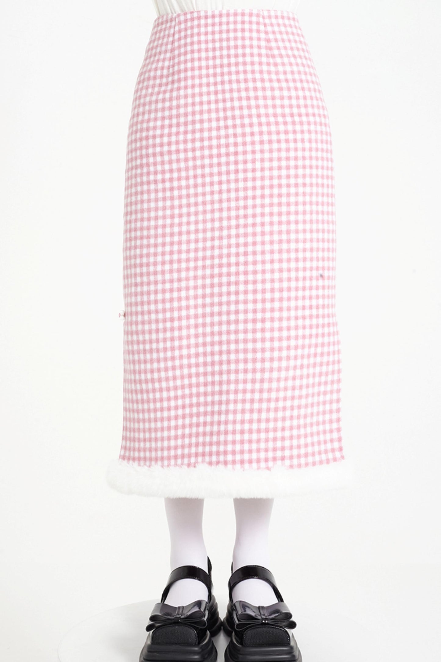 Chinese-Style Pink Wool Plaid Skirt