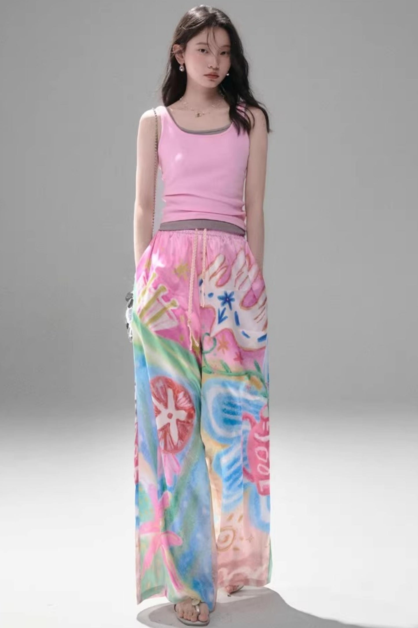 Bird and Floral Wide-Leg Pants