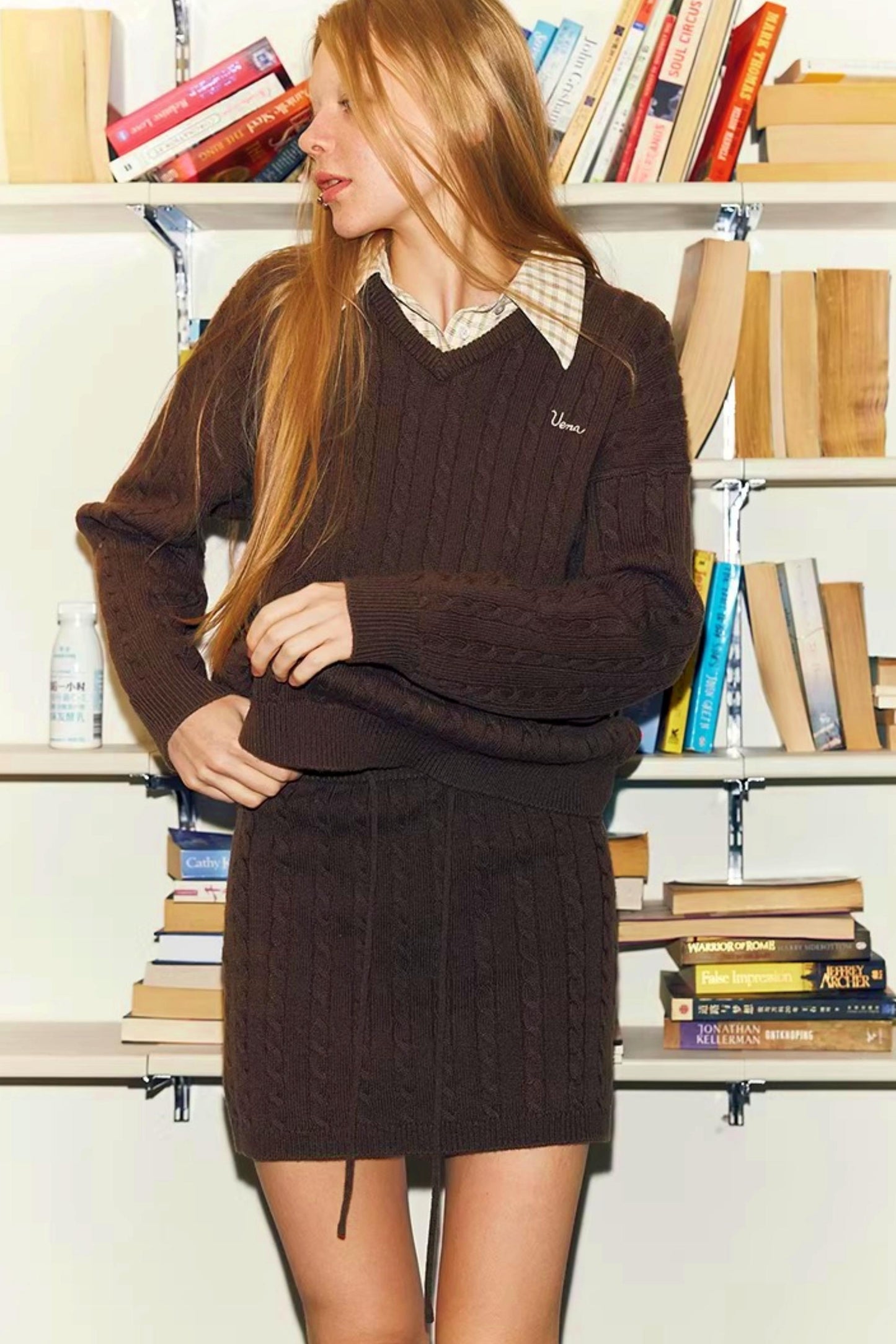 Brown Plaid Wool Knit Sweater Set-Up