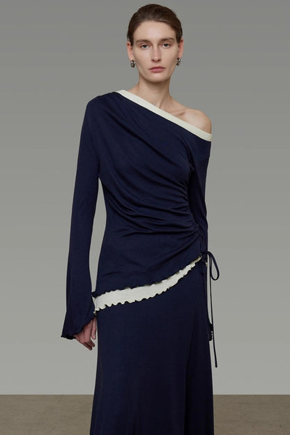 Autumn Slanted Shoulder Knit Slacks Set-Up