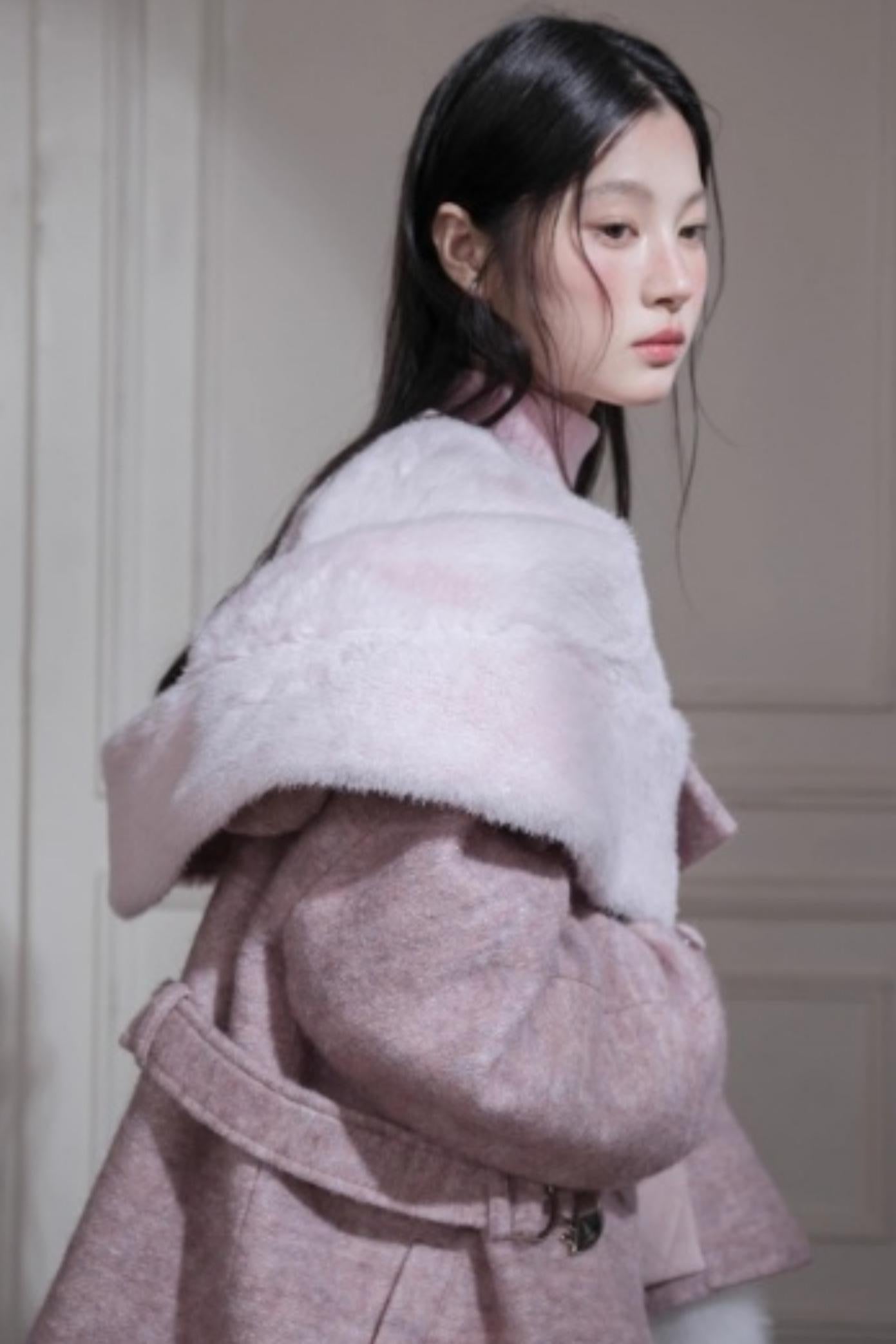 Cream Pink Quilted Woolen Coat