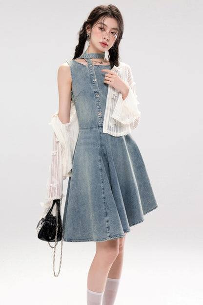 Elegant Ribbon Denim Dress