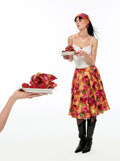 Summer Fruit Dopamine Print Low Waist A-Line Skirt