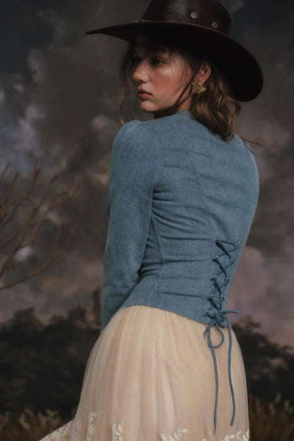 Denim Slim-Fit Jacket Skirt Set-Up