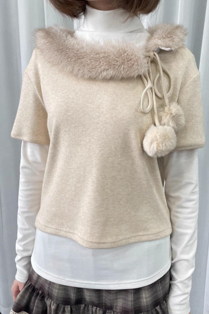 Beige Fur Collar Layered Top