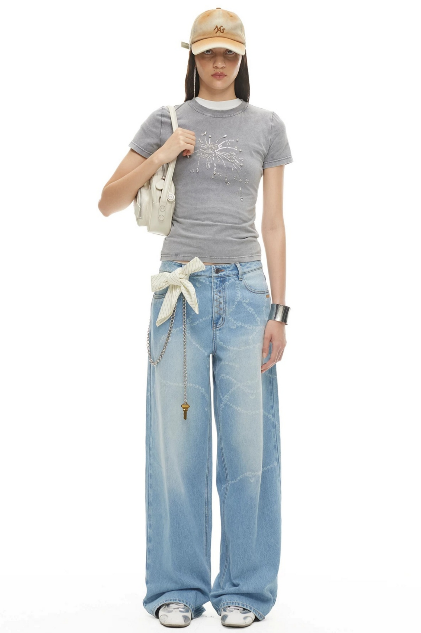 Wide-Leg Diamond Chain Jeans