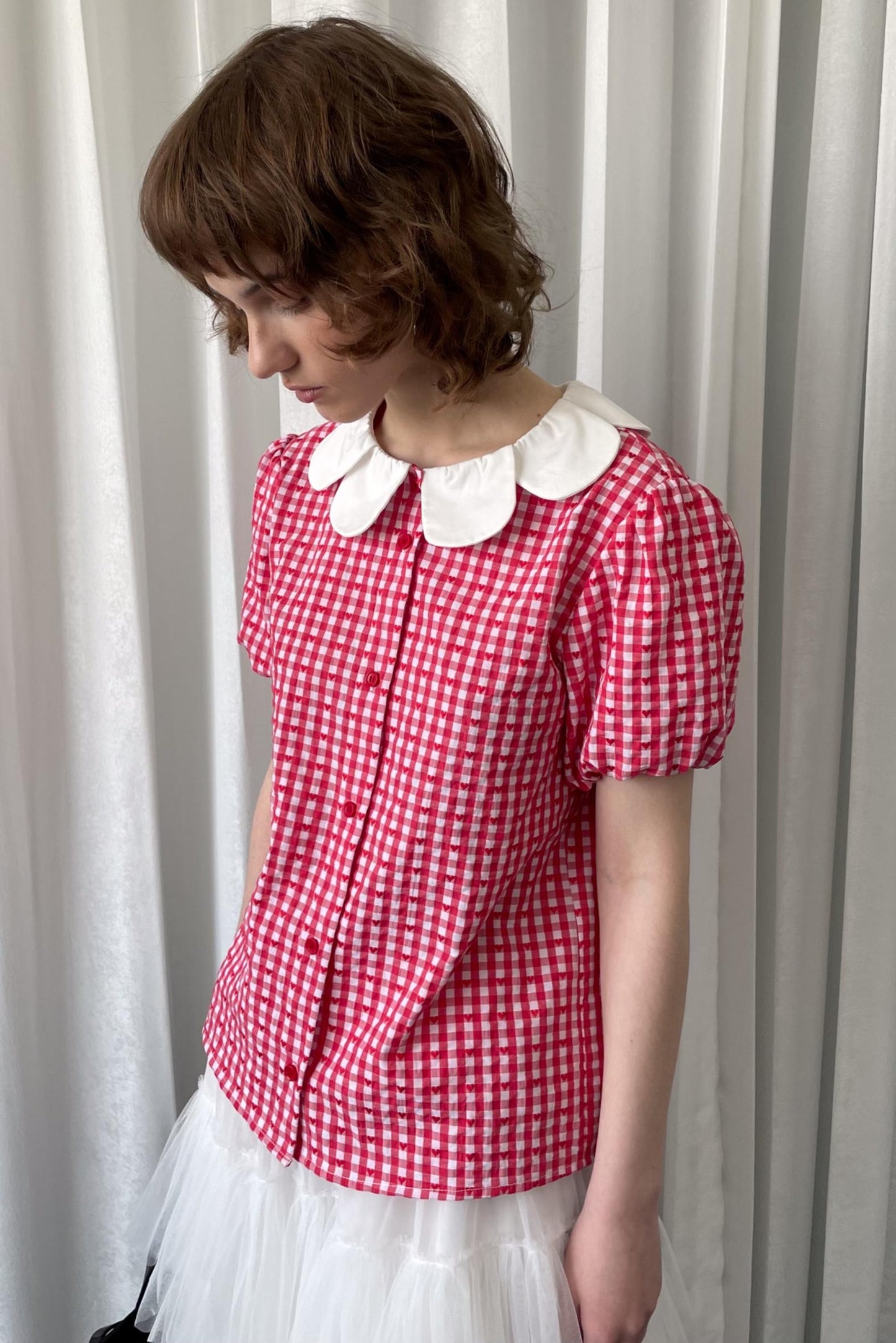 Red Plaid Lantern Sleeve Shirt