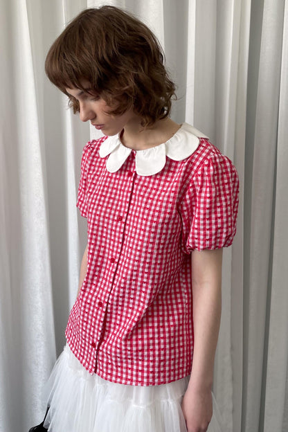 Red Plaid Lantern Sleeve Shirt