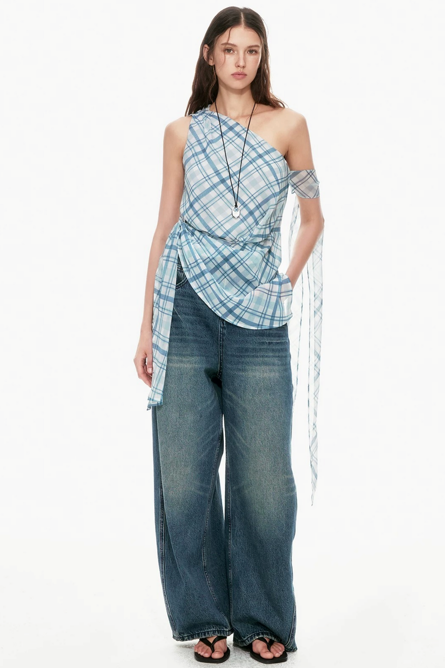 Blue Plaid One-Shoulder Vest