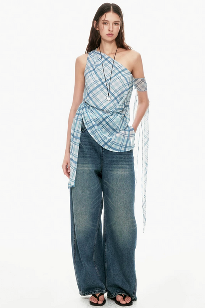 Blue Plaid One-Shoulder Vest