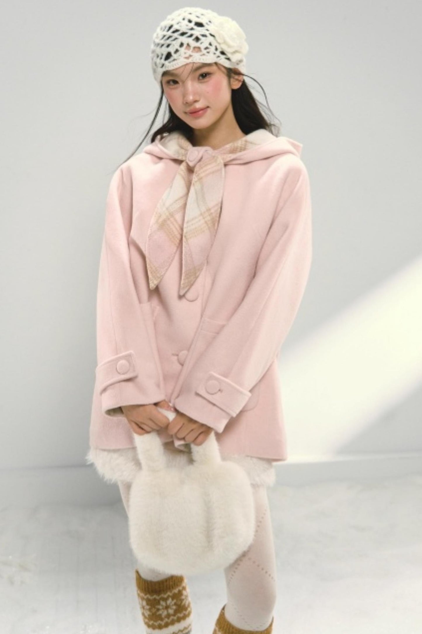 Pink Paneled Plaid Hooded Wool Coat