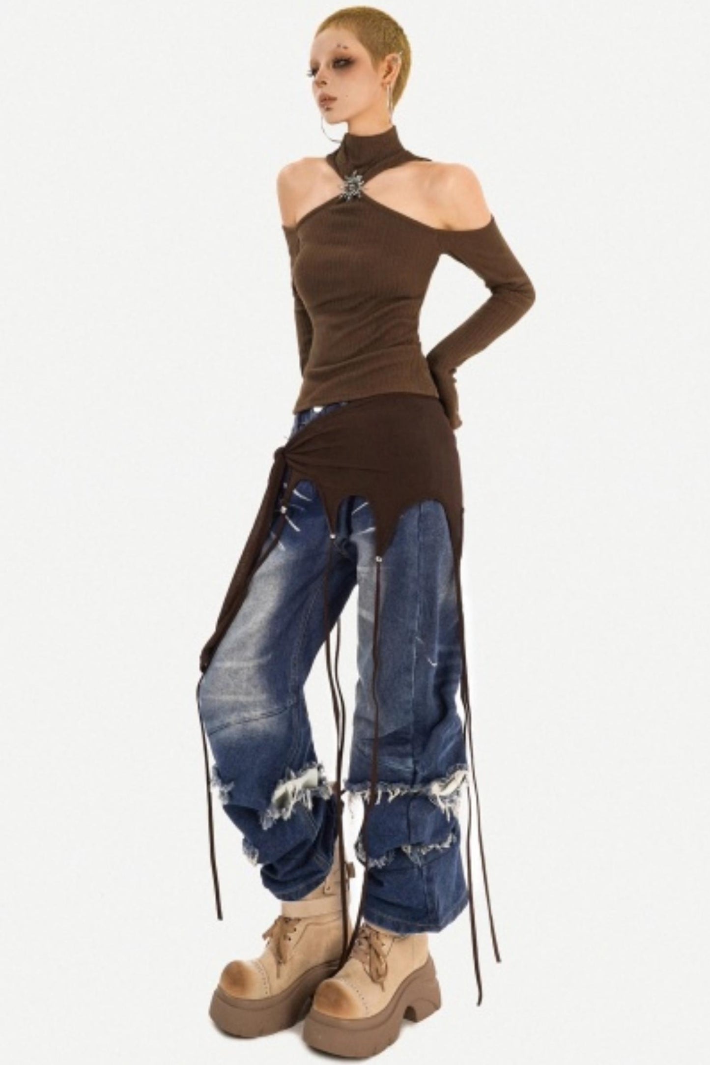 Retro Distressed Wide-Leg Jeans