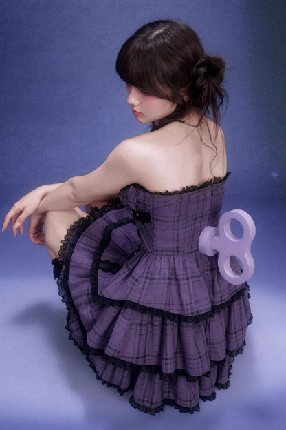Grape Purple Plaid Strapless Dress Set-Up