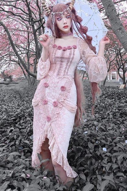 Gothic Lotus Pink Velvet Mermaid Top Set-Up