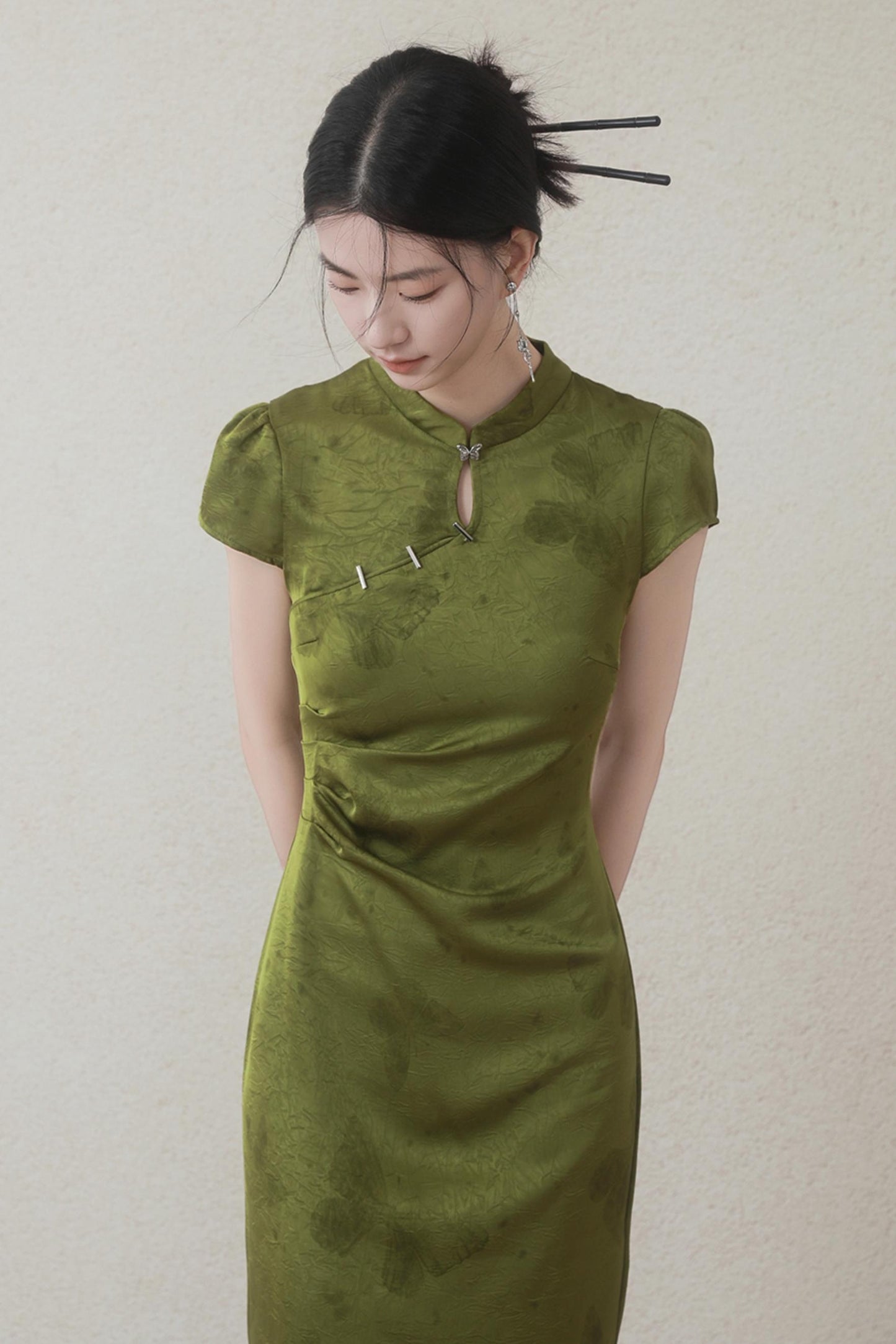 Summer Green Satin Cheongsam Dress