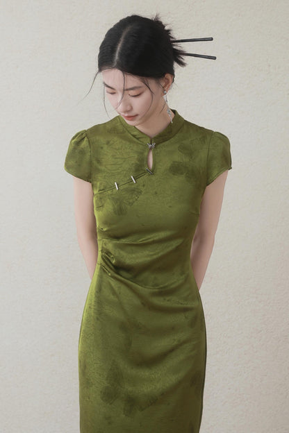 Summer Green Satin Cheongsam Dress