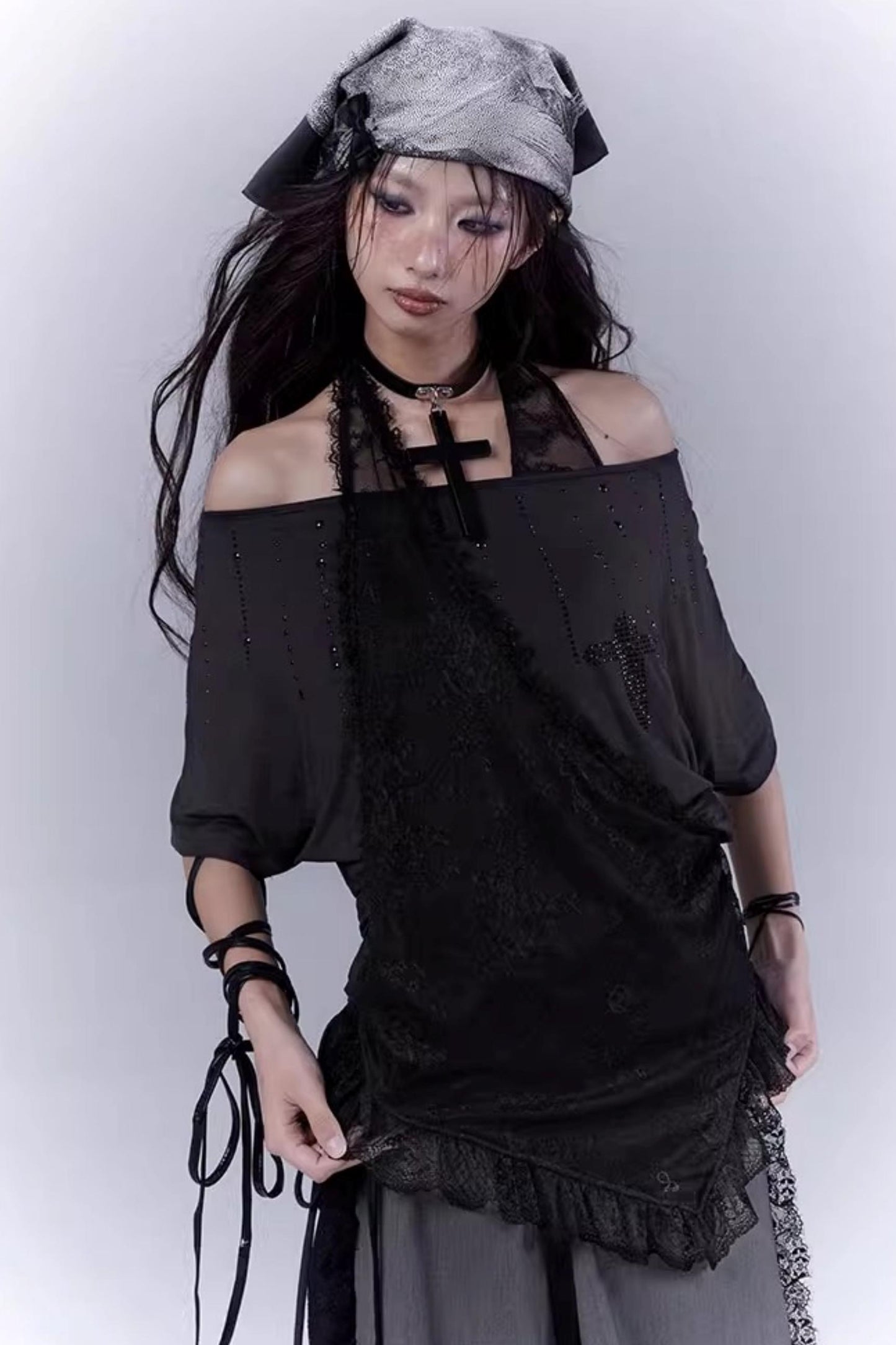 Black Lace-Trimmed Tee