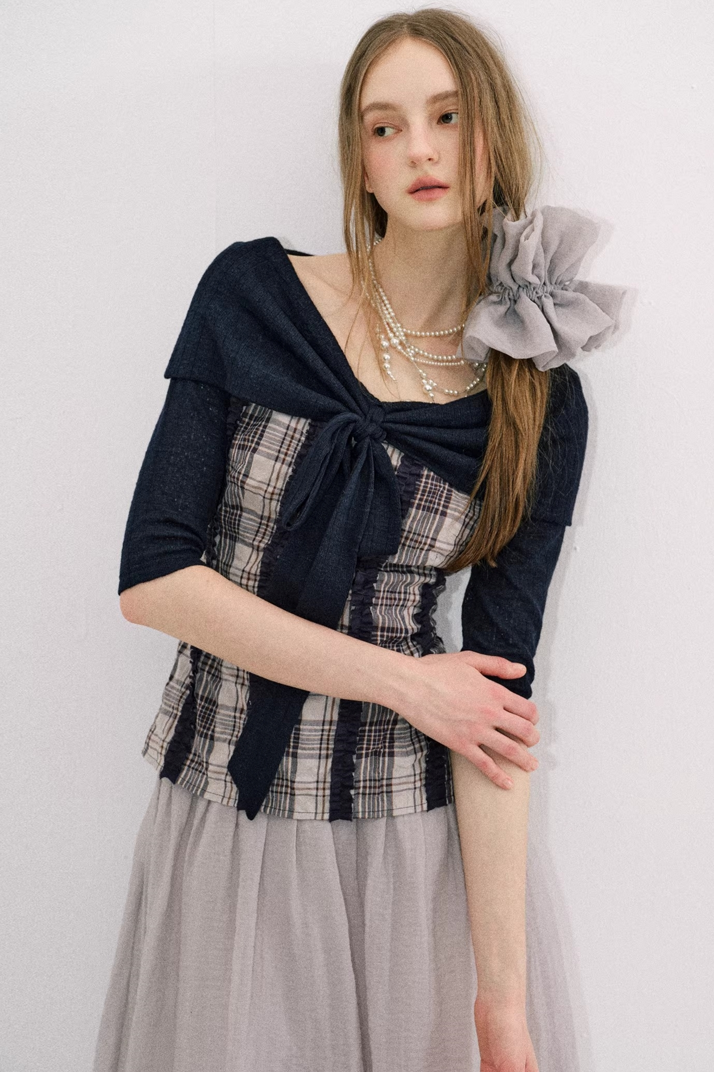 Off-Shoulder Plaid Ballet Top