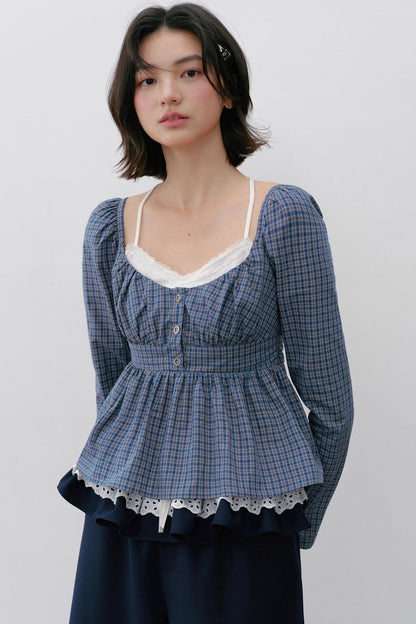 Vintage Navy Blue Check Cinched Shirt