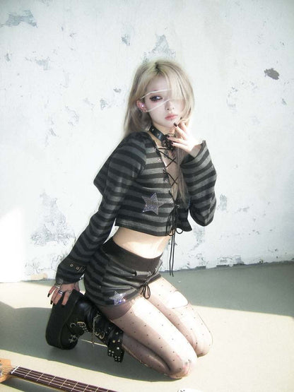 Cat Ears Border Lace Up Hoodie & Short Pants