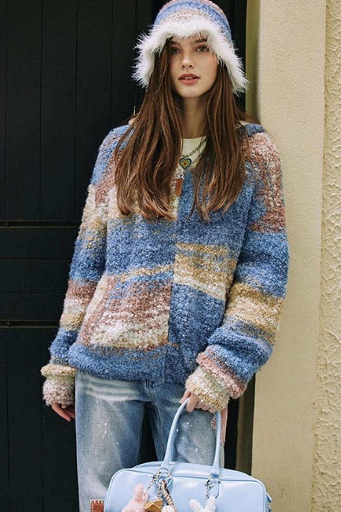 Blue Gradient Hooded Wool Cardigan