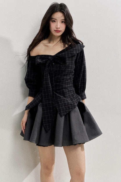Kariertes One-Shoulder-Taillen-Shirt mit Schleife