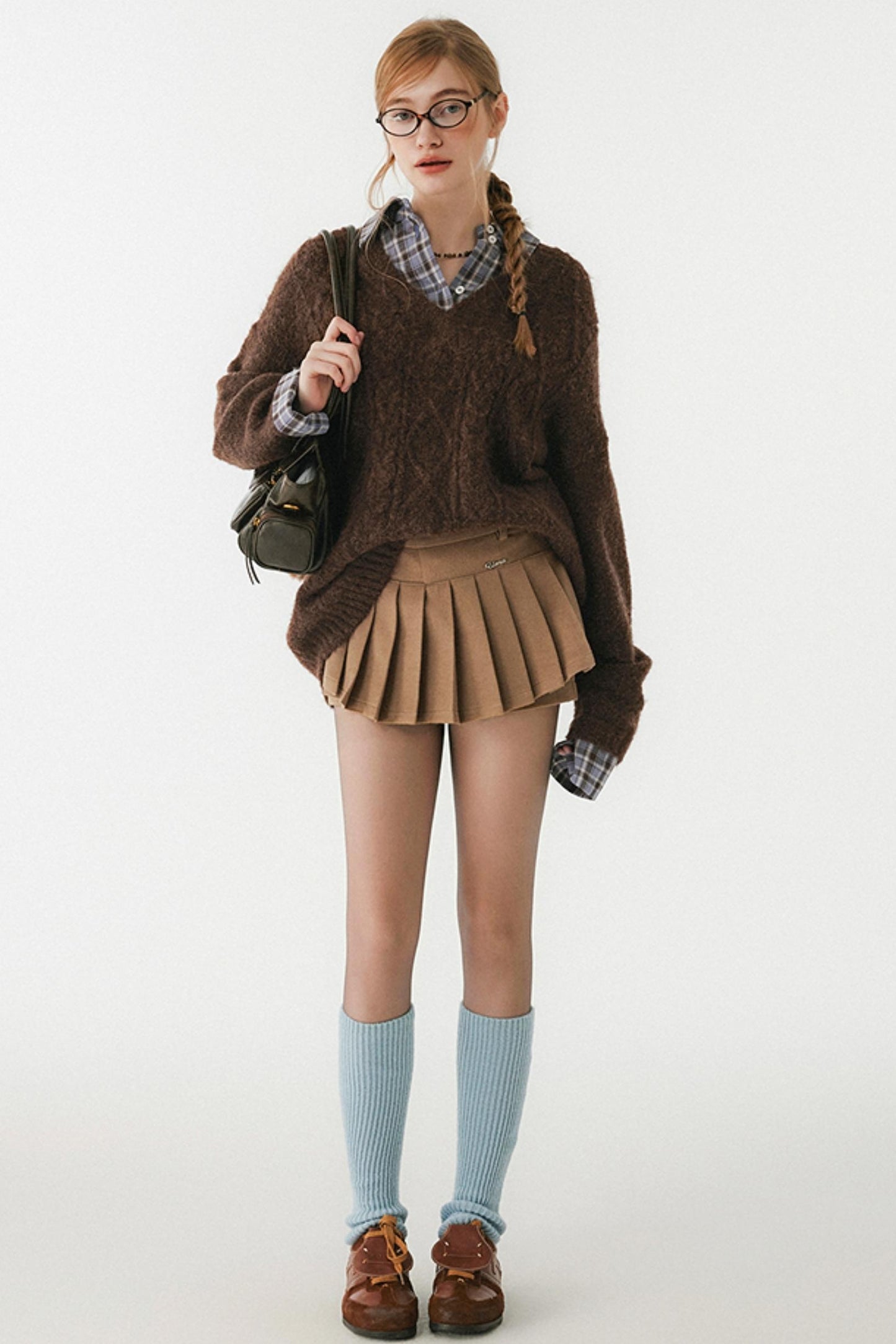 Brown Fake Two-Piece Plaid Shirt