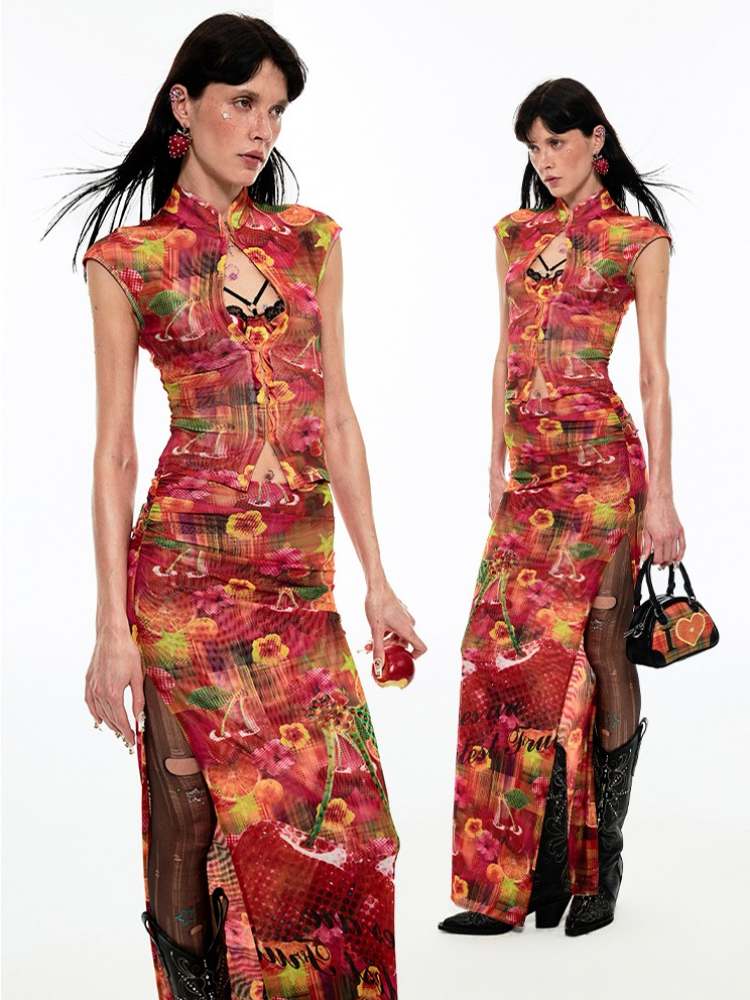 Summer Fruit Print Millennial Cheongsam Set