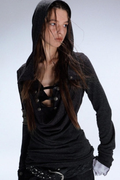 Hooded Metal Buckle Knit Top