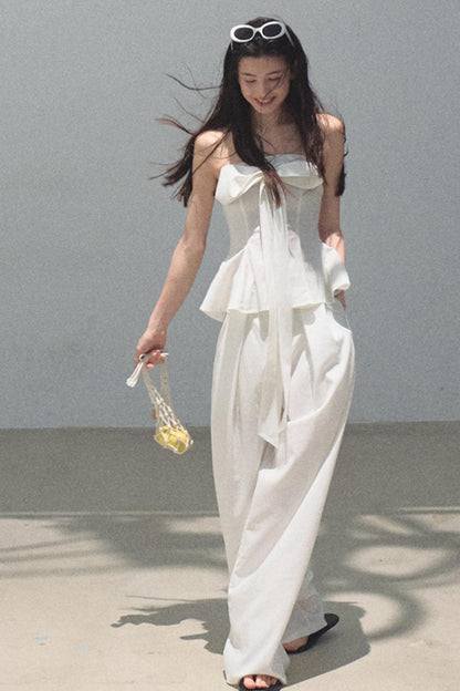 Eternal River Linen Bandeau Top & Wide-Leg Trousers Set-Up