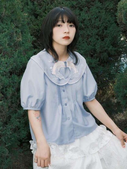 Dolphin Embroidery Collar Short Sleeve Shirt