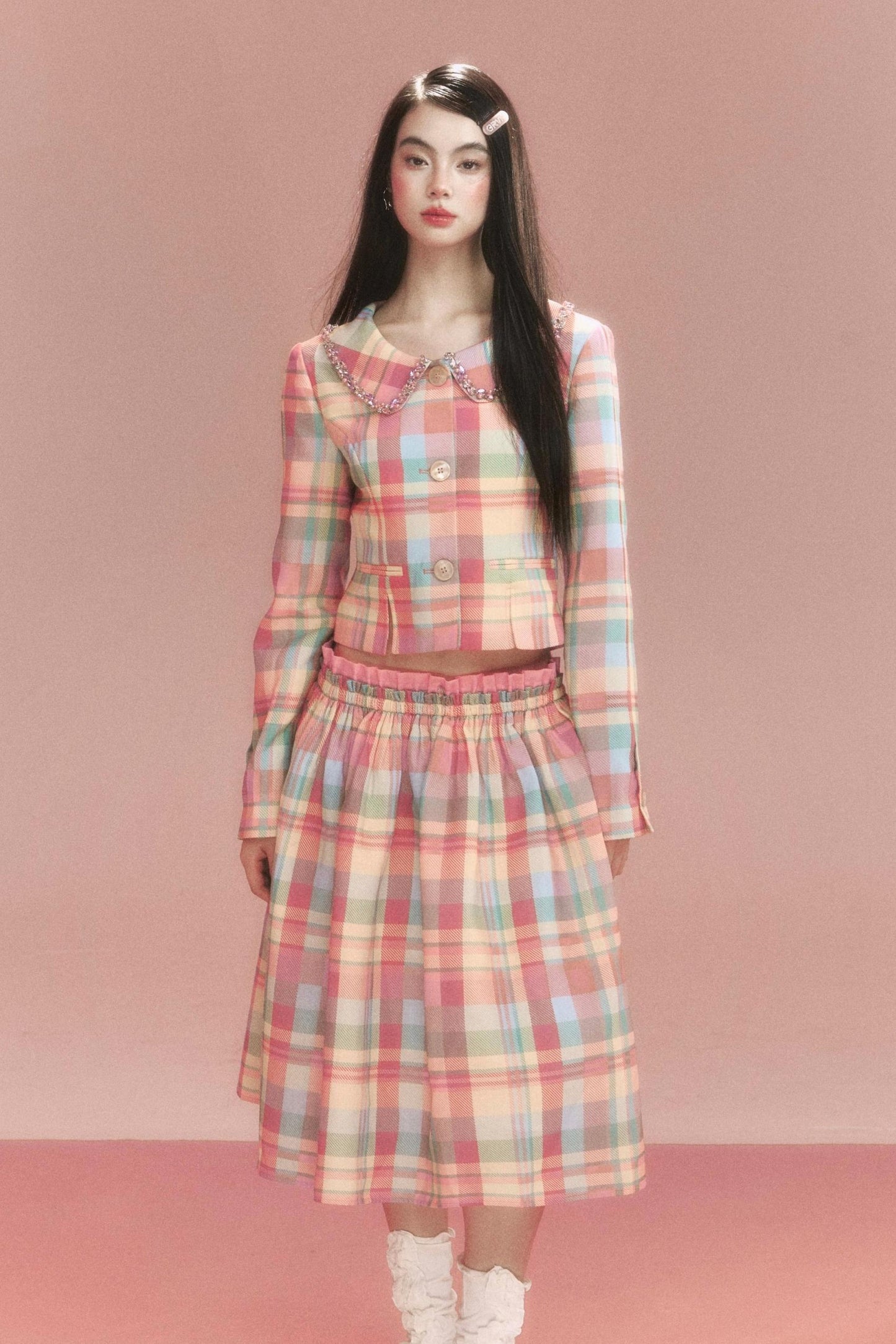 Sweet Vintage Check Jacket And Skirt Set-Up