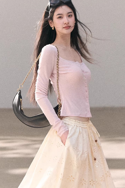 Hollow-Out Ribbed Knit Cardigan