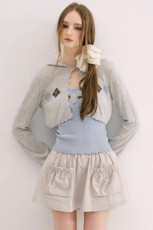 Yellow-Blue Diamond Hooded Cardigan Set-Up