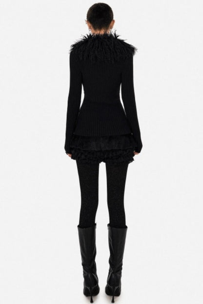 Black Fur Collar Knitted Cardigan