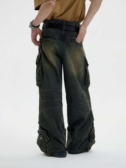 Multi Pocket Wide Leg Washed Denim Jeans