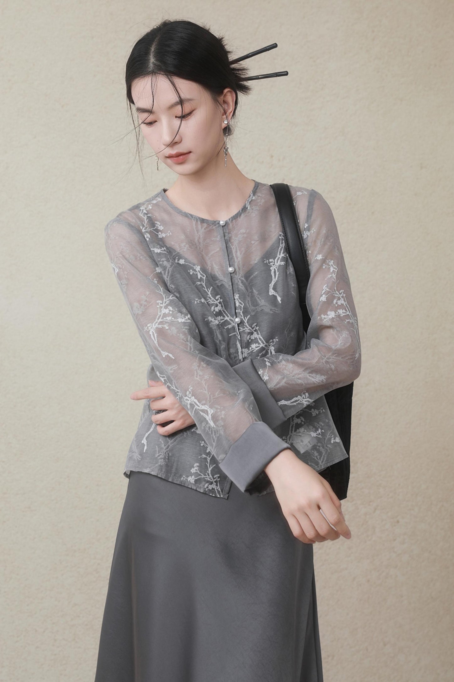 Plum Blossom Cardigan & Satin Dress Set