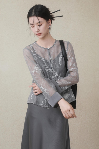 Plum Blossom Cardigan & Satin Dress Set