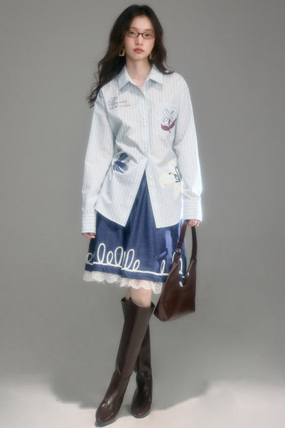 Embroidered Patchwork Denim A-Line Skirt