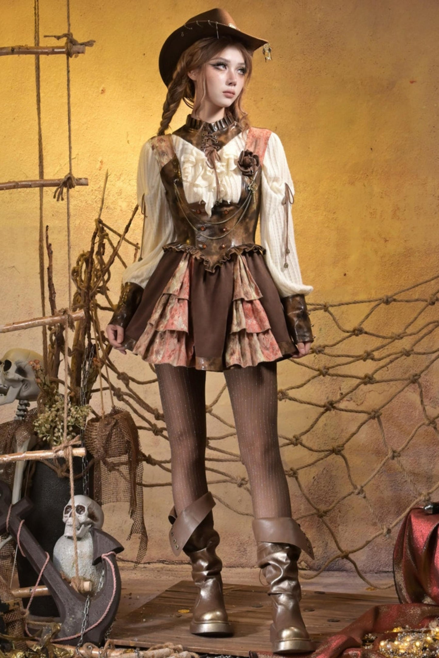 Steampunk Lace Patchwork Dress Set-Up