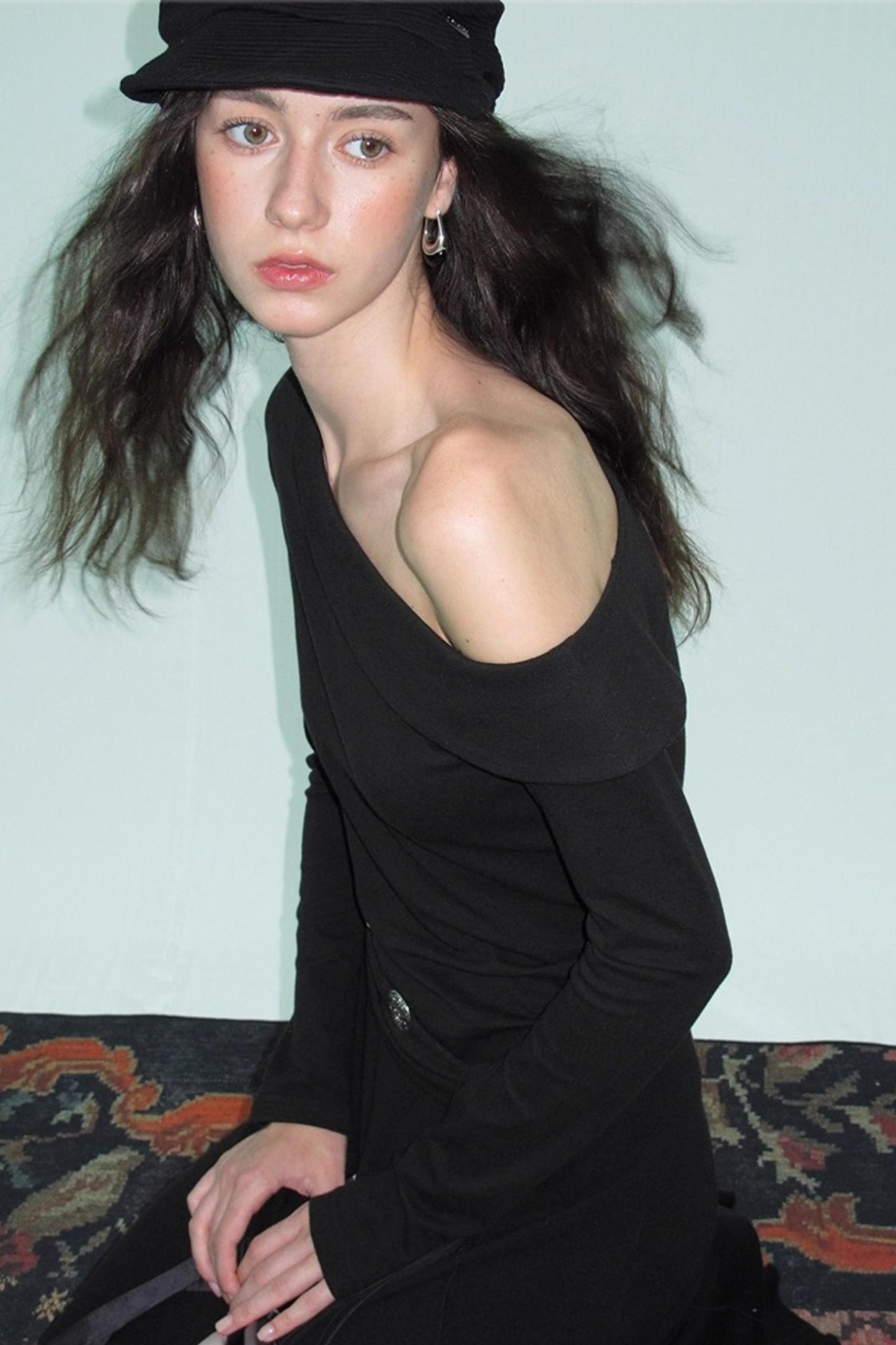 Slanted Shoulder Knit Top Skirt Set-Up