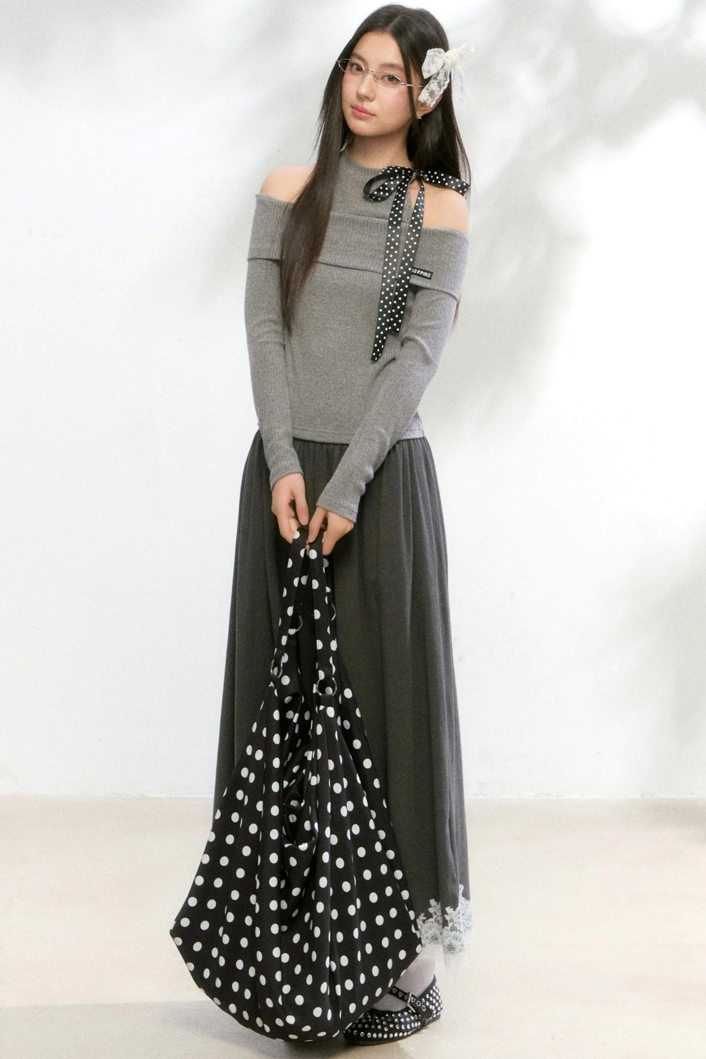 Polka Dot Knitwear Sweater Skirt Set-Up