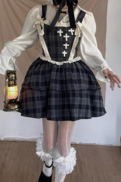 Gray Plaid Waist Cinched Herringbone Lace Bow Tie Dress Set-Up