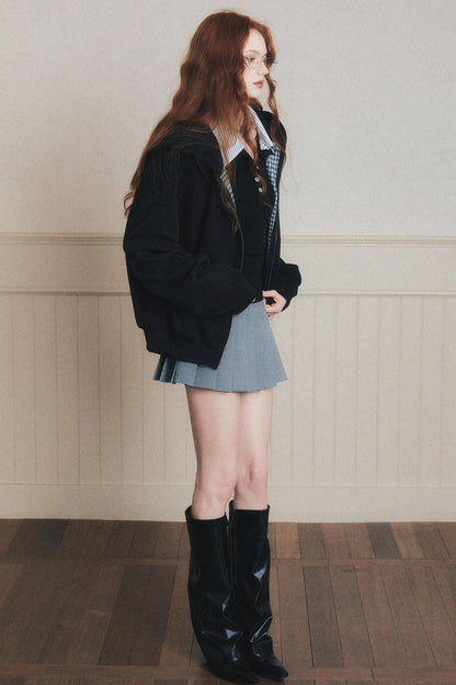 Navy Check Patchwork Hooded Coat