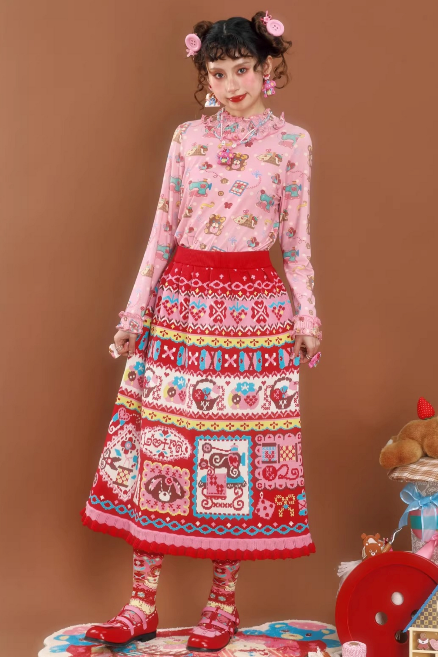 Rote Jacquard-Spitzenstrickrock